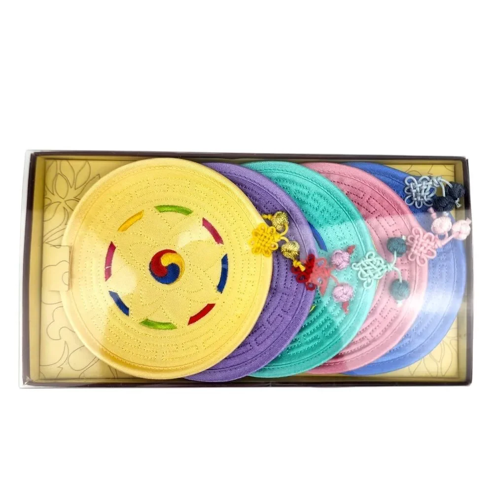 Set Of 5 Quilted Embroidered Fabric Coasters Colorful Decorative Korean Asian